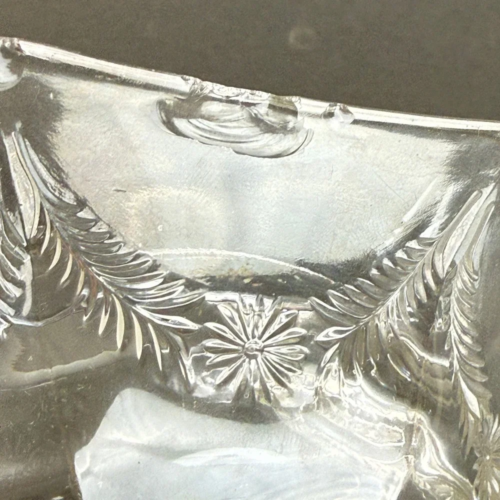 Pressed Glass Floral Etched Butter Dish with Lid, Hexagonal Base Clear Vintage